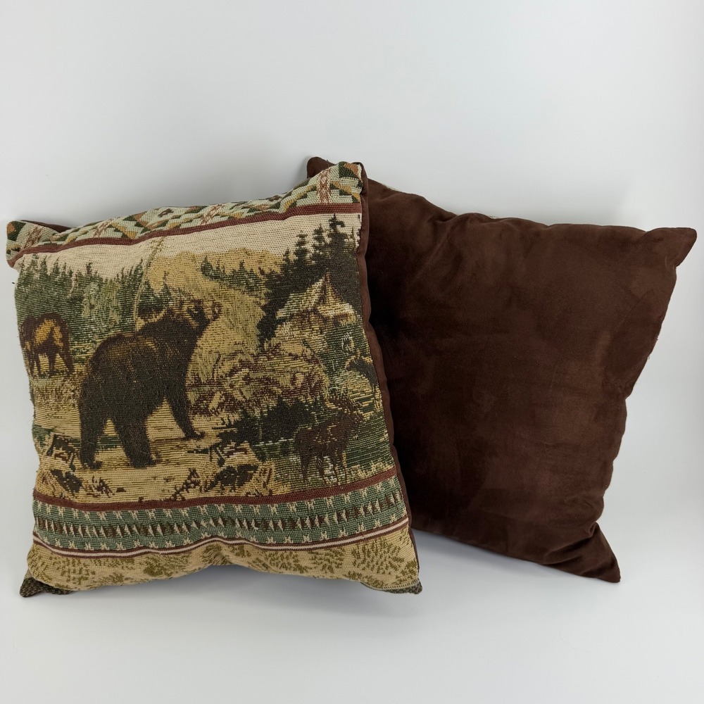 Rustic Wildlife Tapestry Pillows Set of 2 Bear Moose Forest Lodge Cabin RV 16x16